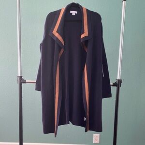 Liz Claiborne Open Front Long Cardigan Sweater Navy Tan Trim XXL Soft Knit Drape